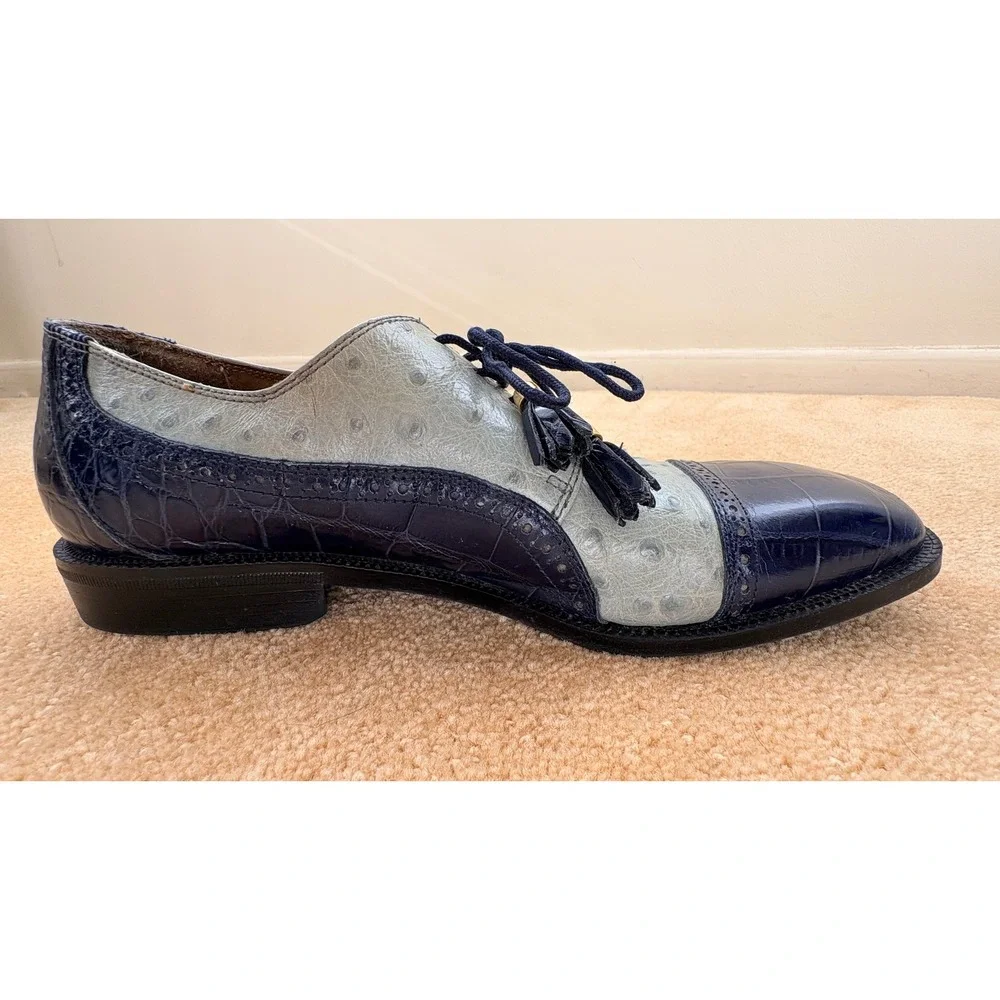 VTG Stacy Adams Mens Cap Toe Oxford Shoes Sz 10M Blue Ostrich Alligator Embossed